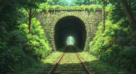 Anime Forest Railway Tunnel Green Nature Landscape Painting Art