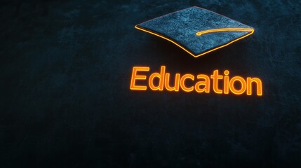 Neon education sign with mortarboard on dark texture