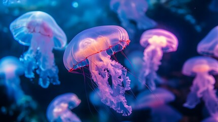 Glowing jellyfish in a vibrant aquarium