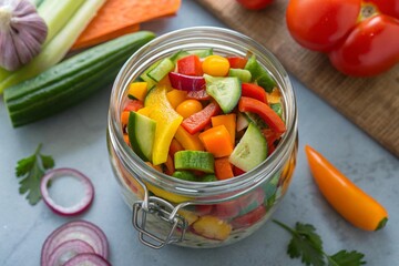 Vibrant vegetable in jar colorful food, top view - generated by ai
