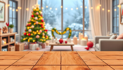Empty woooden table top with abstract warm living room decor with christmas tree string light blur background with snow,Holiday backdrop,Mock up banner for display of advertise product, cartoon styl