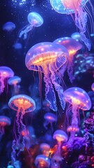Glowing jellyfish in deep ocean