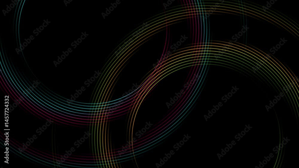 Poster Colorful shiny linear circles abstract futuristic tech background. Seamless looping minimal geometric spiral motion design. Video animation Ultra HD 4K 3840x2160