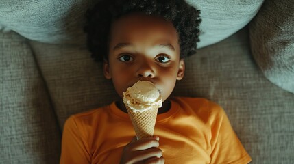 Adorable Child Enjoying Delicious Vanilla Ice Cream Cone Sweet Treat Happy Boy Relaxing on Comfortable Sofa Summer Fun Childhood Moments Pure Joy Delicious Dessert Tasty Snack Sweetness     