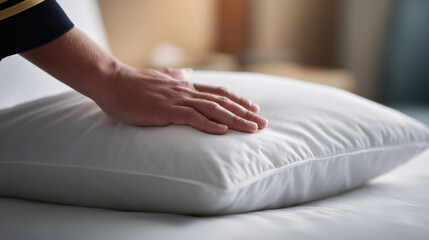 Fototapeta premium Person is pressing down on white pillow placed on bed, demonstrating softness and comfort of bedding in cozy bedroom setting