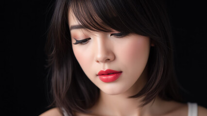 Fototapeta premium Elegant young woman with soft makeup, closed eyes, and beautiful red lips portrait