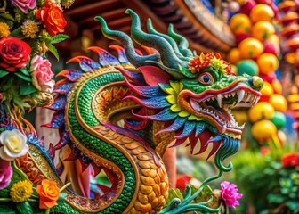 Intricate Dragon Sculpture Adorned with Vibrant Flowers in Festive Display