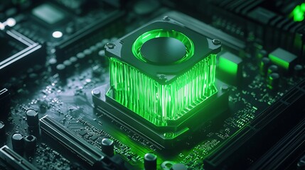 Glowing Green CPU Cooler on Motherboard Technology Abstract Background Digital Art Modern Futuristic HighTech Green Neon Light Computer Hardware PC Component Closeup Detailed Image Advanced 