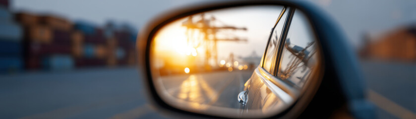 Side mirror reflection of car road during sunset, with cranes and containers background, creating warm and industrial scene