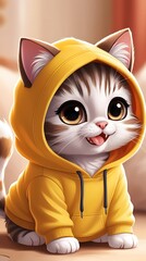 Fototapeta premium Adorable cartoon kitten with huge eyes wearing a yellow hoodie, sitting indoors with a cute expression, ideal for children's content, illustrations, and merchandise