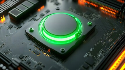 Abstract Futuristic Technology Green Neon Circular Button Interface Motherboard Digital Design Electronic Circuit Board Modern Technology Background High Tech Innovation Green Light Glowing 