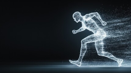 Abstract human running figure dynamic motion light points dark background