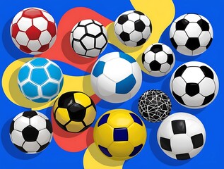 Top view of various colorful soccer balls on a vibrant blue background, ideal for sports-themed designs, playful graphics, or promotional material related to football and recreation

