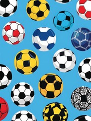 Top view of various colorful soccer balls on a vibrant blue background, ideal for sports-themed designs, playful graphics, or promotional material related to football and recreation

