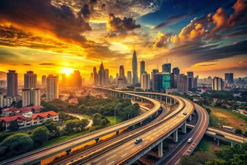Fototapeta premium Kuala Lumpur Skyline Motion Blur Highway Overpass - Vintage Photo