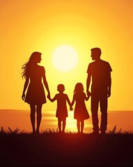 Fototapeta premium Silhouette of family holding hands at sunset scene