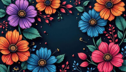 Intricate line art blooms, swirling vines, dark background, continuous repeat , graphic, black, flower