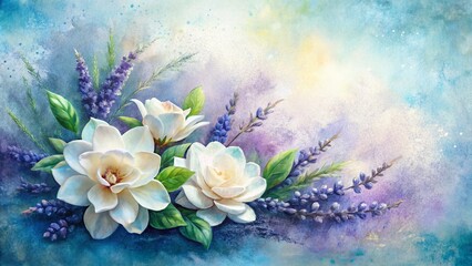 Lavender & Sky Blue Gardenia Watercolor Painting - Cozy Floral Art Print
