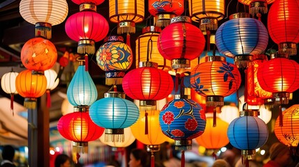 Naklejka premium Vibrant Chinese lanterns hanging in rows at a night market or festival, showcasing rich colors, traditional patterns, and cultural celebration 