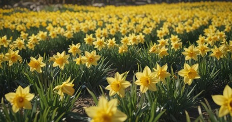 Fototapeta premium Sunlit field of vibrant yellow daffodils in full bloom, petals glistening , botany, blossom, landscape