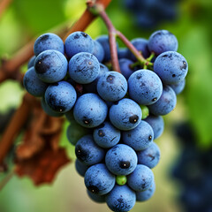 Fresh Blue Grapes Cluster on Grapevine with Lush Green Background