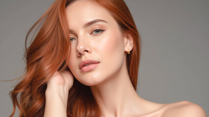 Fototapeta premium Beautiful young woman with flowing red hair posing against a neutral background