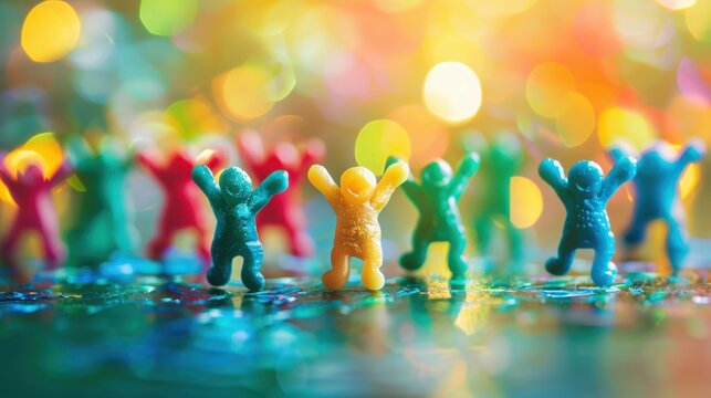 Celebration: Stick figures of different colors raising their hands, symbolizing collective joy and recognition of teamwork achievements and shared success.
