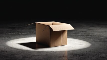 Open cardboard box spotlight on concrete floor.  Possible use  Motivational, business, product launch