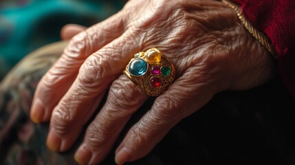 Closeup Wrinkled Hand Elderly Woman Wearing Gold Ring Multicolored Gemstones Elegant Jewelry Detailed Texture Mature Skin Old Age Precious Stones Adornment Vintage Style Antique Design      
