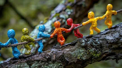 Obraz premium Unity: Stick figures of different colors working as one, emphasizing how diverse talents and cooperation contribute to building a strong, unified team. 