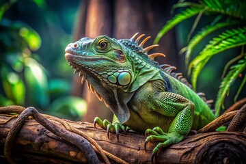 Obraz premium Long Exposure: Green Iguana on Ancient Branch - Tropical Wildlife Photography