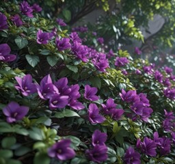 Close-up vibrant purple petals, lush green leaves ,  background,  photography,  picture