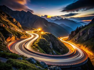 Long Exposure Night Road Winding Down Mountain, Asphalt Highway Lights Trails