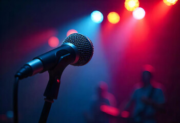 Obraz premium Microphone on Stage with Performers in Background