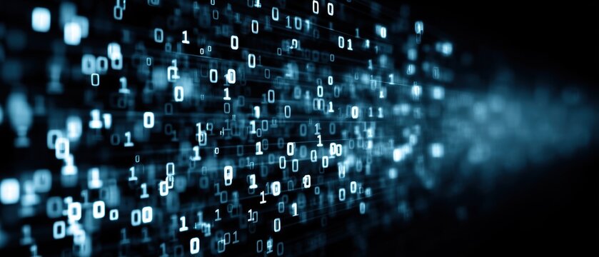 Digital binary code streams create a futuristic visual effect, symbolizing data flow and technology in a dark setting.