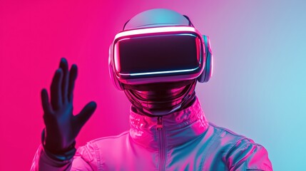 Gamer wearing futuristic haptic suit and vr headset, interacting with virtual world