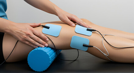Electrical Stimulation Therapy Session on Knee with Person Applying Electrode Patches and Foam Roller in Clinical Setting