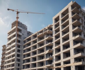 Fototapeta premium Modern apartment building construction site progress, crane, blueprints, modern architecture, building site, steel