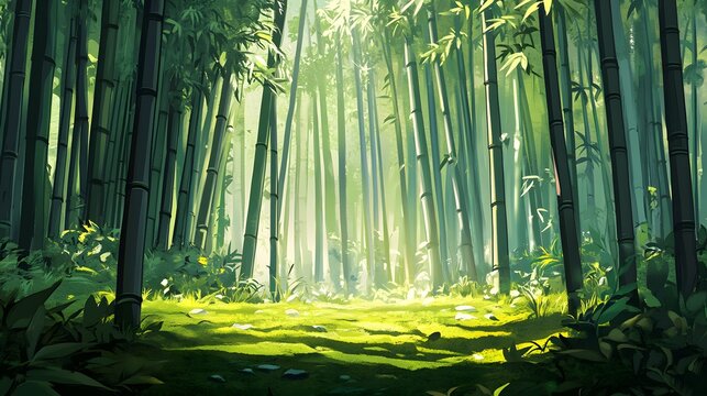 Lush, stylized bamboo forest scene, bathed in soft sunlight.