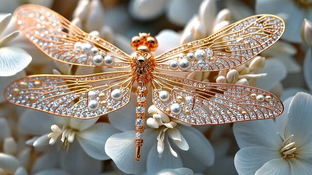 Detailed dragonfly brooch on white flowers, jewelry display, possible use as advertisement