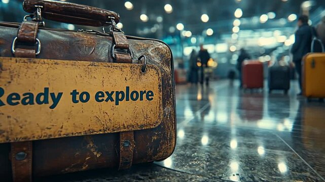Vintage suitcase at airport, ready for travel, background blurred travelers, travel theme