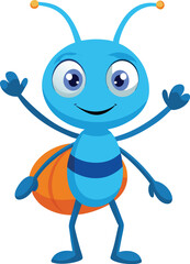 Friendly Cartoon Ant Character Waving with Big Blue Eyes.