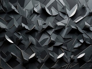 Sleek 3D Geometric Wall Design with Glossy Black Triangular Tiles – Futuristic Textured Background Render