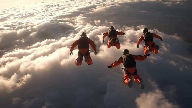 Skydivers descend through clouds as camera moves with them. 4K.
