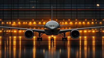 Airplane at night dark jet on illuminated tarmac travel and aviation concept