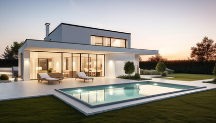 Fototapeta premium Rear View of Modern House With Swimming Pool