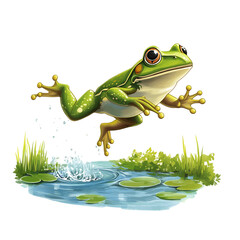 A Cartoon Frog Leaping Into a Pond Isolated on Transparent Background