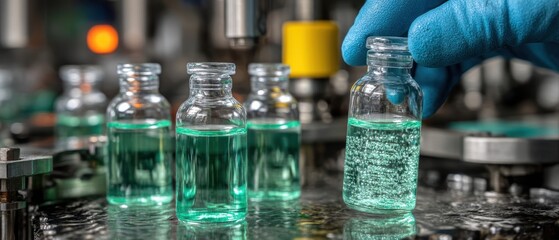 Bottles filled with liquid are handled in a laboratory or production setting, showcasing a sterile and industrial environment.