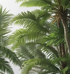 Fototapeta premium Single tropical palm tree, lush green fronds against white , ocean, isolated, palm leaf