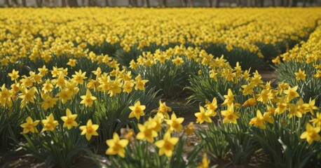 Obraz premium Sunlit daffodil field, vibrant yellow petals glistening , bright, fresh